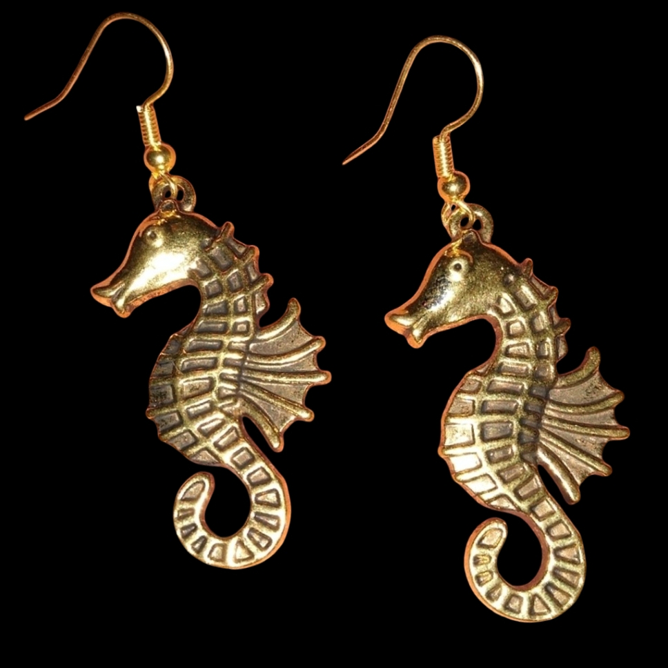 Seahorse Earrings Gold Charm Dangle Golden Seahorses Brass Handmade Sea Horse